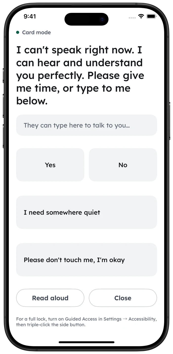 Aloud's card mode with a prepared statement, a field for the other person, and five answers