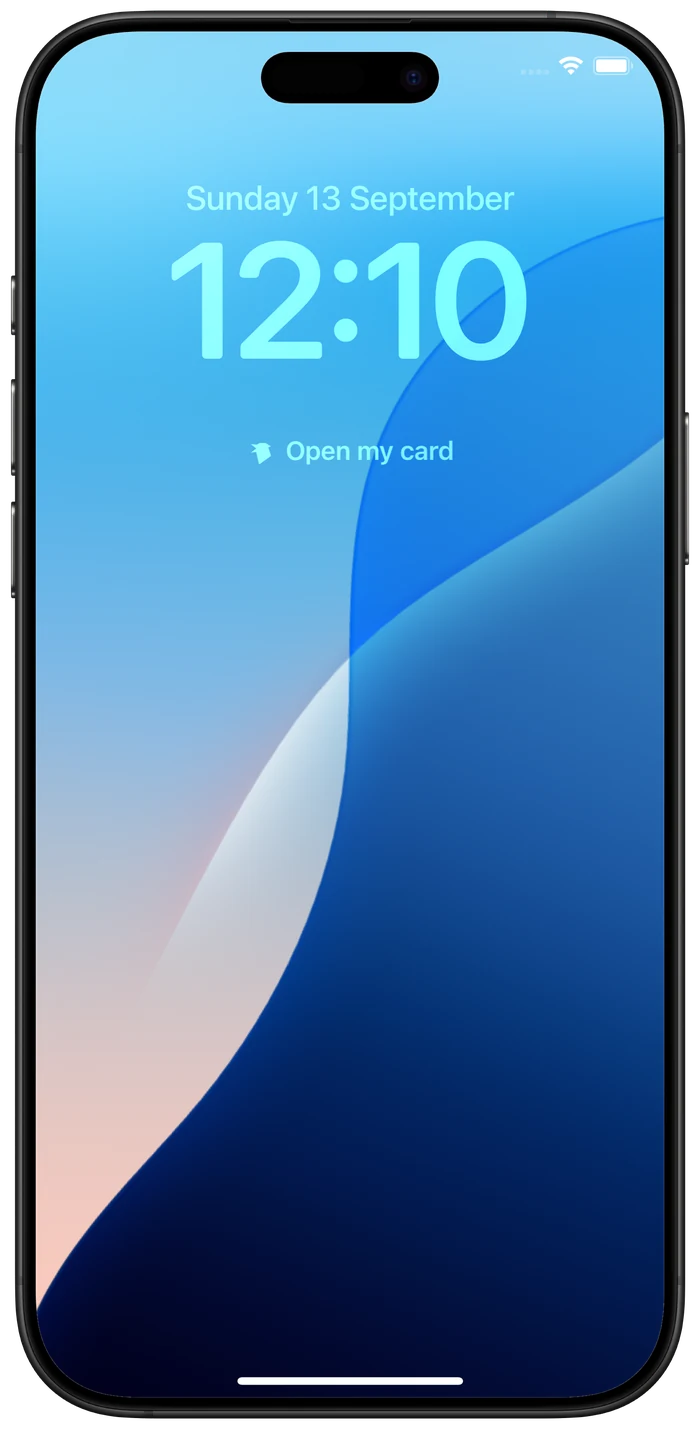 An iPhone Lock Screen with an Open my card widget under the clock