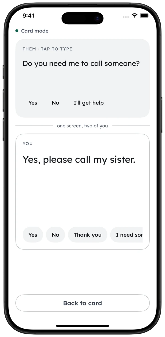 Aloud's handover view with the other person's message above and your reply below