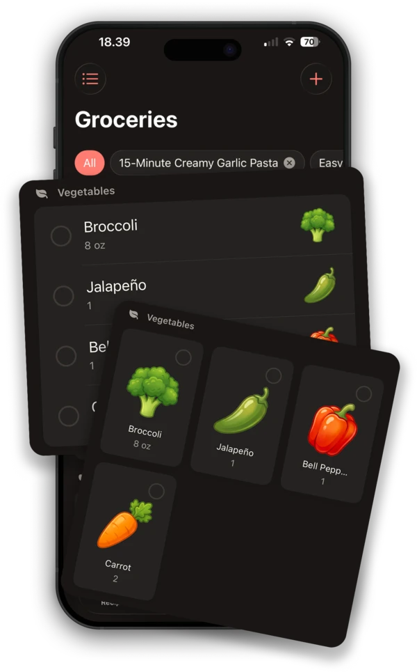 Screenshot of Garlic app merging ingredients from multiple recipes into one grocery list