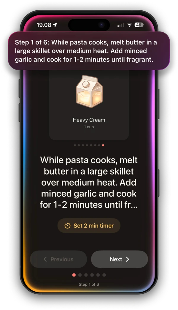Screenshot of Garlic app in hands-free cooking mode with large text and step timer