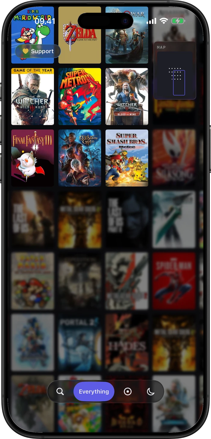 Playwall's wall of game covers, owned games sharp and wishlist games dimmed, with a minimap
